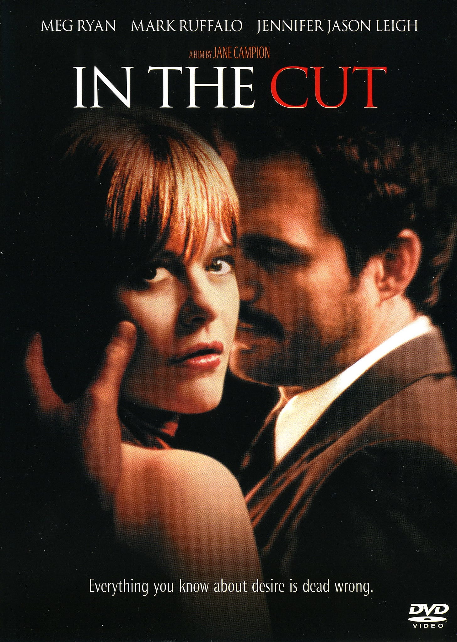 The poster for In the Cut, showing Ryan looking at us out of the poster while Ruffalo holds her face and tries to turn her back towards him