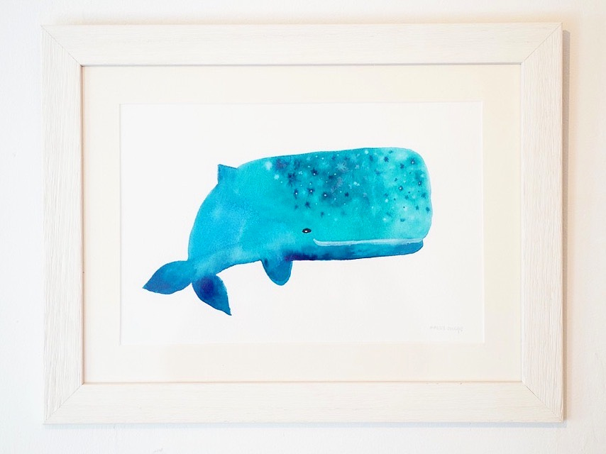 Ink and watercolour blue whale painting by the illustrator Madelaine Couch