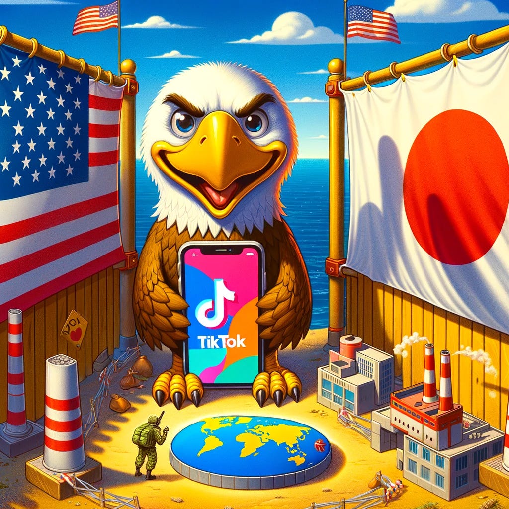 The scene should be a cartoon depicting symbolic geopolitical and corporate conflict with focus on national symbols. The cartoon features a playful, exaggerated cartoon eagle, representing the US government, standing beneath the American flag. The eagle is humorously oversized and holds a cartoonish smartphone displaying the TikTok logo in one talon, and an exaggerated, cartoony model of an American steel factory in the other. The eagle is looking towards the East, where a large, colorful Japanese flag stands, symbolizing the nation of Japan. An invisible, cartoonish barrier separates the American and Japanese symbols. The background is a simplified, cartoon-style global map highlighting the US and Japan, illustrating the essence of economic tension and regulatory intervention between the nations. The style should be light-hearted and approachable, typical of children's cartoons.