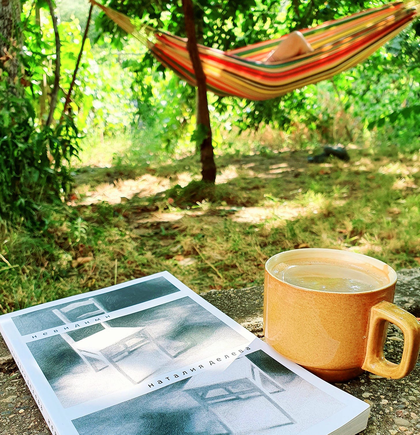 The image shows a peaceful outdoor setting. In the foreground, there is a yellow mug filled with a beverage, placed on a stone surface. Next to the mug is a book with a cover featuring abstract, blurred images in shades of blue and white. In the background, there is a colourful striped hammock suspended between two trees, with a person lying in it. The area is surrounded by lush greenery, suggesting a serene, natural environment.