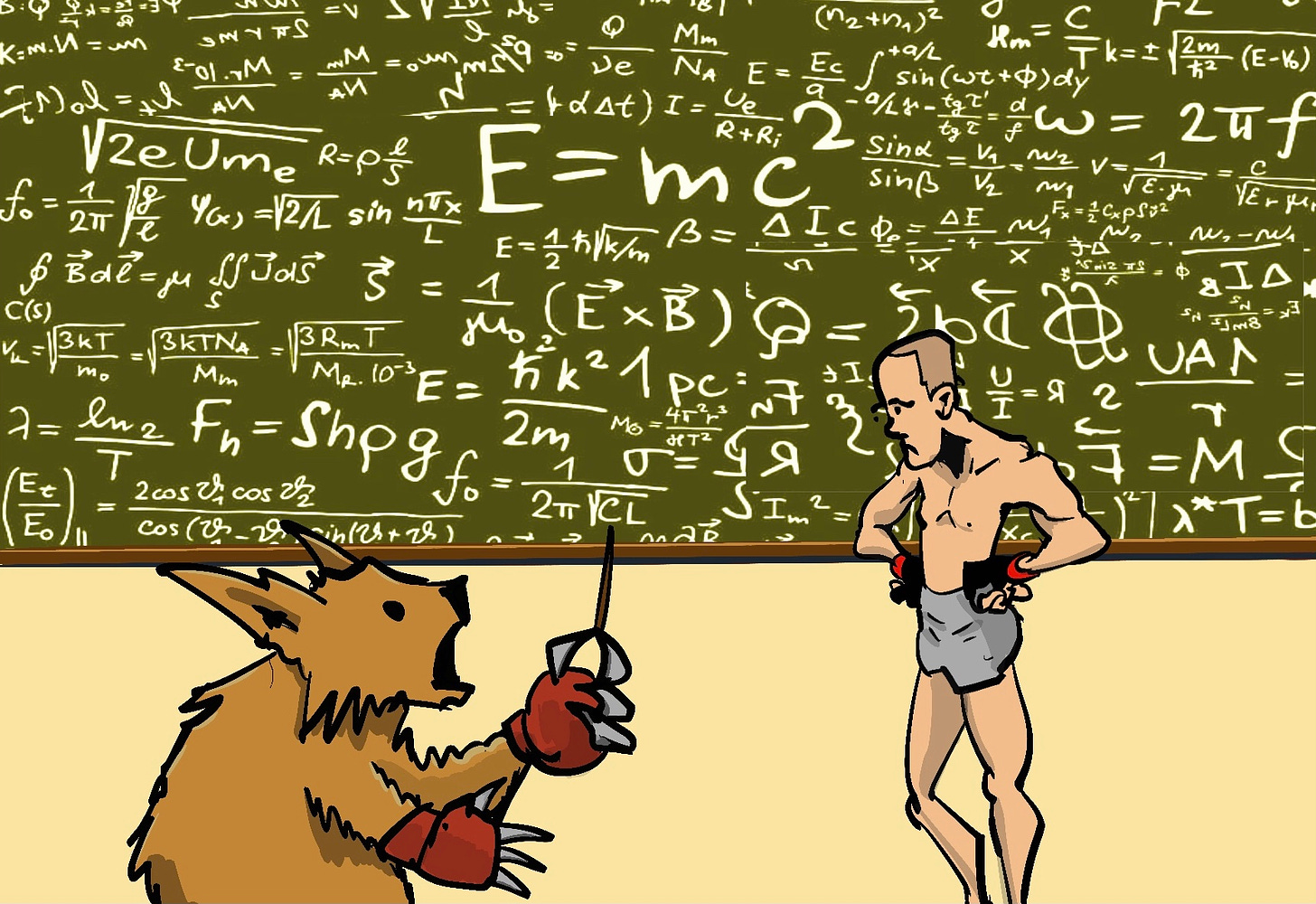 A wombat explains complex math equations to an MMA fighter.