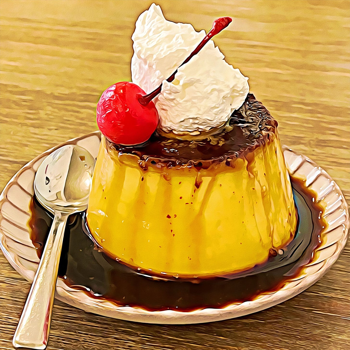Golden pudding in a small tea plate, surrounded by dark syrup, topped with whipped cream and a cherry.