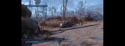 um personagem no jogo Fallout 4 atirando num carro parado no meio da rua e provocando uma miniexplosão nuclear