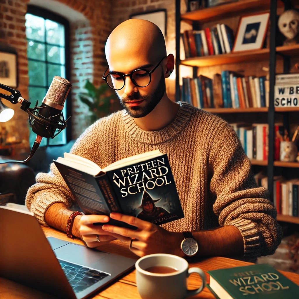 A bald psychiatrist blogger sitting in a cozy home office, reading a book about a preteen wizard school. He wears glasses and a sweater, with a thoughtful expression as he flips through the pages. A laptop and a microphone are on the desk, suggesting he records his thoughts for his blog. The room has warm lighting, bookshelves filled with psychology and literature books, and a cup of tea next to him.