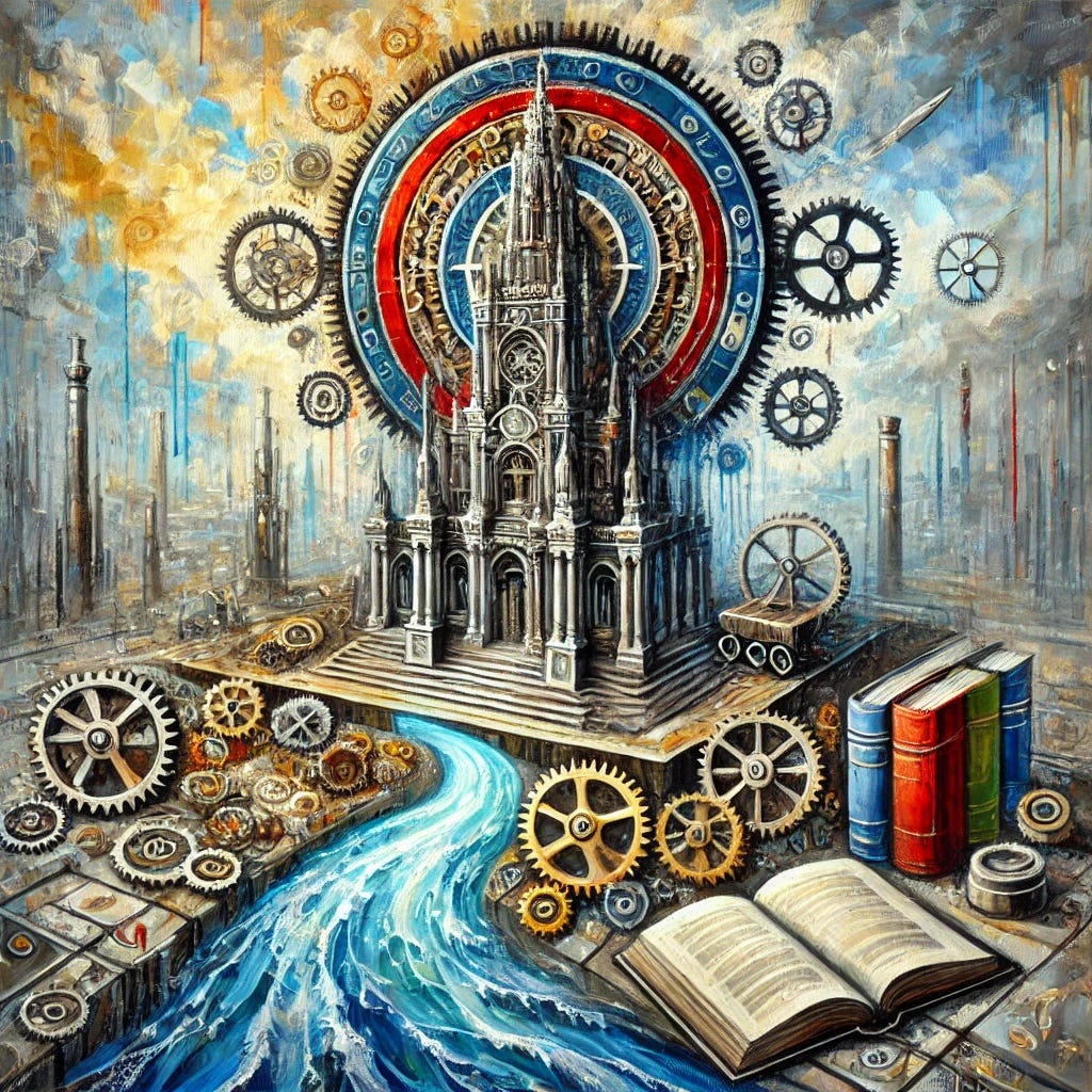 An abstract oil painting inspired by themes of power, ideology, and historical critique. The scene features a towering, intricate structure symbolizing hierarchical systems, surrounded by interlocking gears and cogs representing mechanized governance. Books and quills are embedded within the design, symbolizing intellectual pursuit. A flowing river divides the composition, with vibrant blues and golds on one side, representing authority and intellectualism, and splashes of red and green on the other, symbolizing political and economic tensions. Muted greys and blacks form the background to suggest underlying challenges and orthodoxy. The brushwork is expressive and dynamic, capturing the energy of ideological contention.