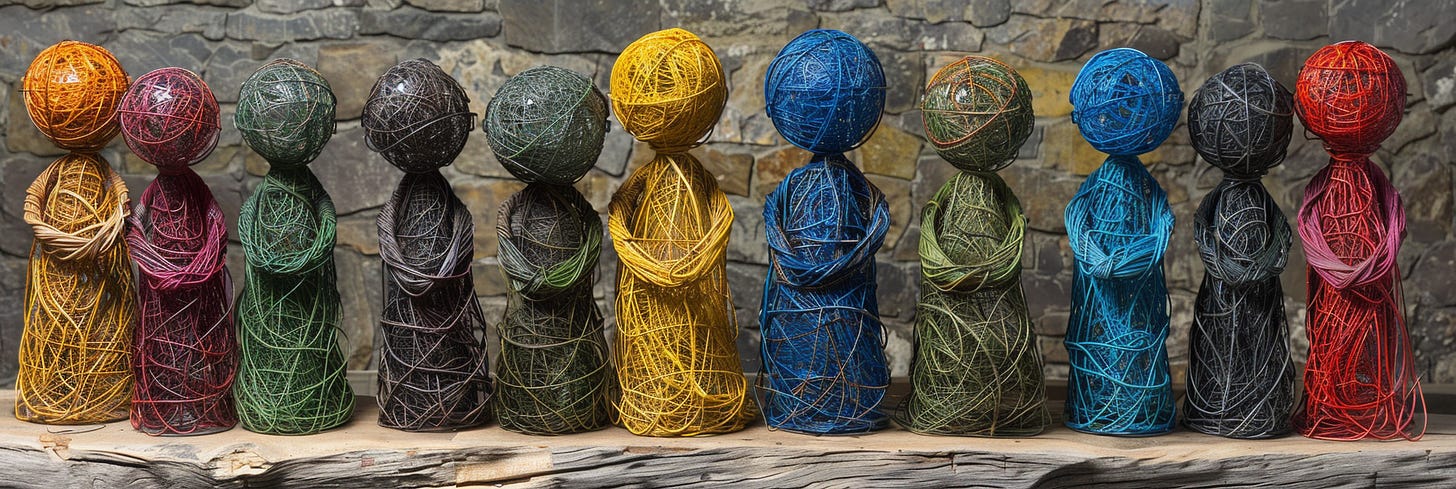 A row of colorful wire sculptures, each shaped like a humanoid figure, stand against a stone wall. The figures are wrapped in wire of various colors, including yellow, red, blue, green, and black.