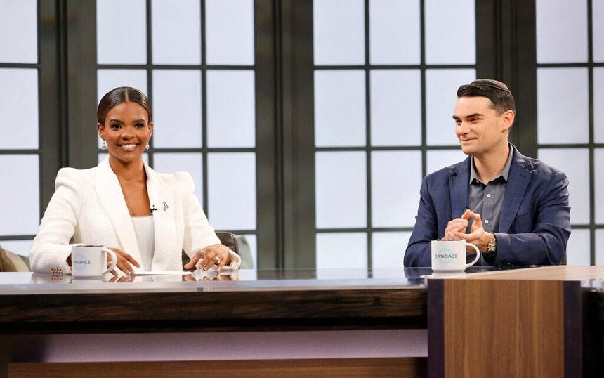 Candace Owens and Ben Shapiro on set during a taping of 'Candace' on March 17, 2021, in Nashville, Tennessee. (Jason Kempin/Getty Images/AFP)