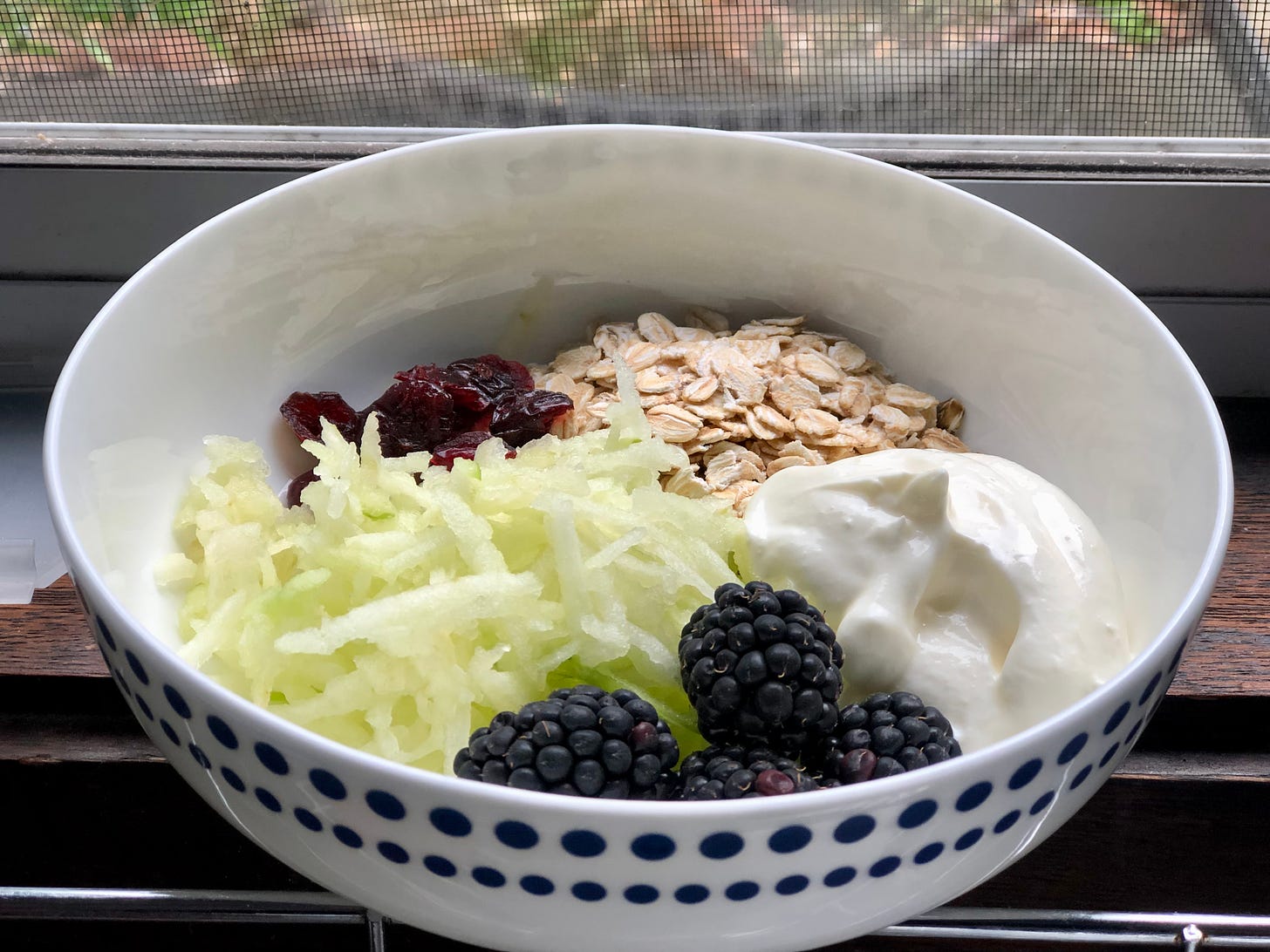 A breakfast bowl of oats, yoghurt, berries and grated apple