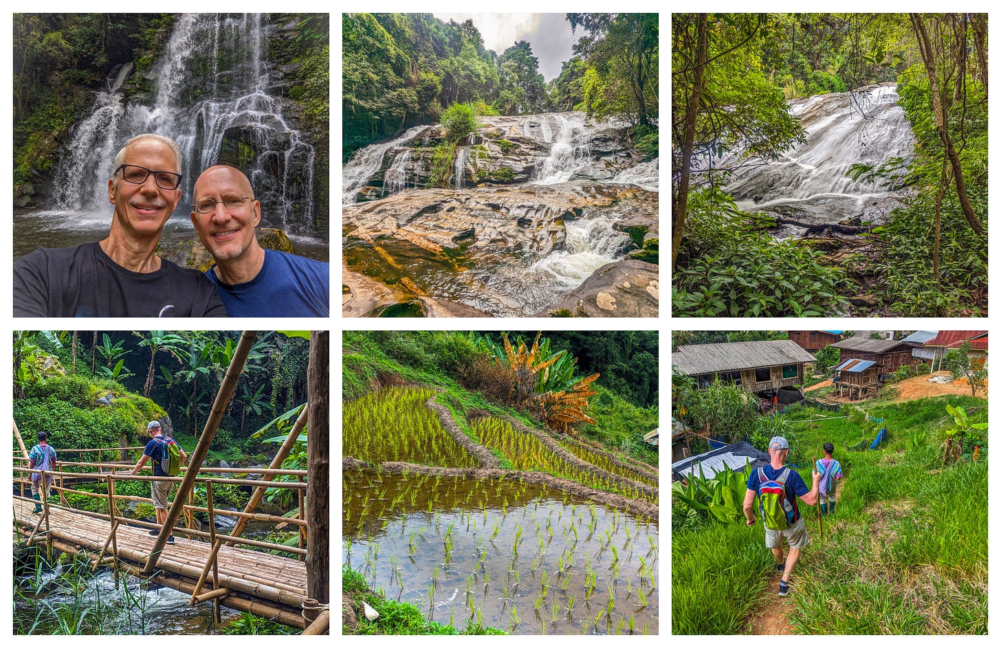 Collage of the hike including Brent and Michael standing in front of some waterfalls, pictures of two other waterfalls, a rice paddy that's just been planted, Brent crossing a bamboo bridge, and then hiking down to a local hill tribe village. 