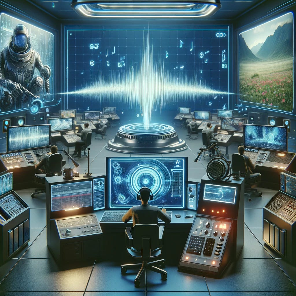 A futuristic AI laboratory filled with advanced equipment. In the center, a computer screen displays a waveform, symbolizing sound generation. Nearby, a content creator types descriptions into a futuristic device, translating text into sound effects. Around the room, various monitors show virtual environments like a busy city and a serene forest, representing the diverse sounds being created. The scene is illuminated by soft, high-tech ambient lighting, suggesting innovation and high technology.