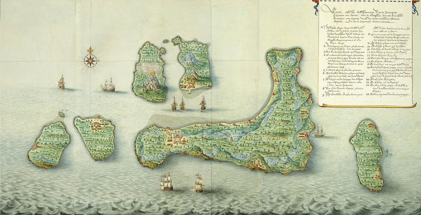 r/oldmaps - A rare map of the Banda Islands created around 1666 for the Dutch East India Company. Due to the region's nutmeg and cloves, it became the site of colonial clashes between the Portuguese, British, and Dutch.