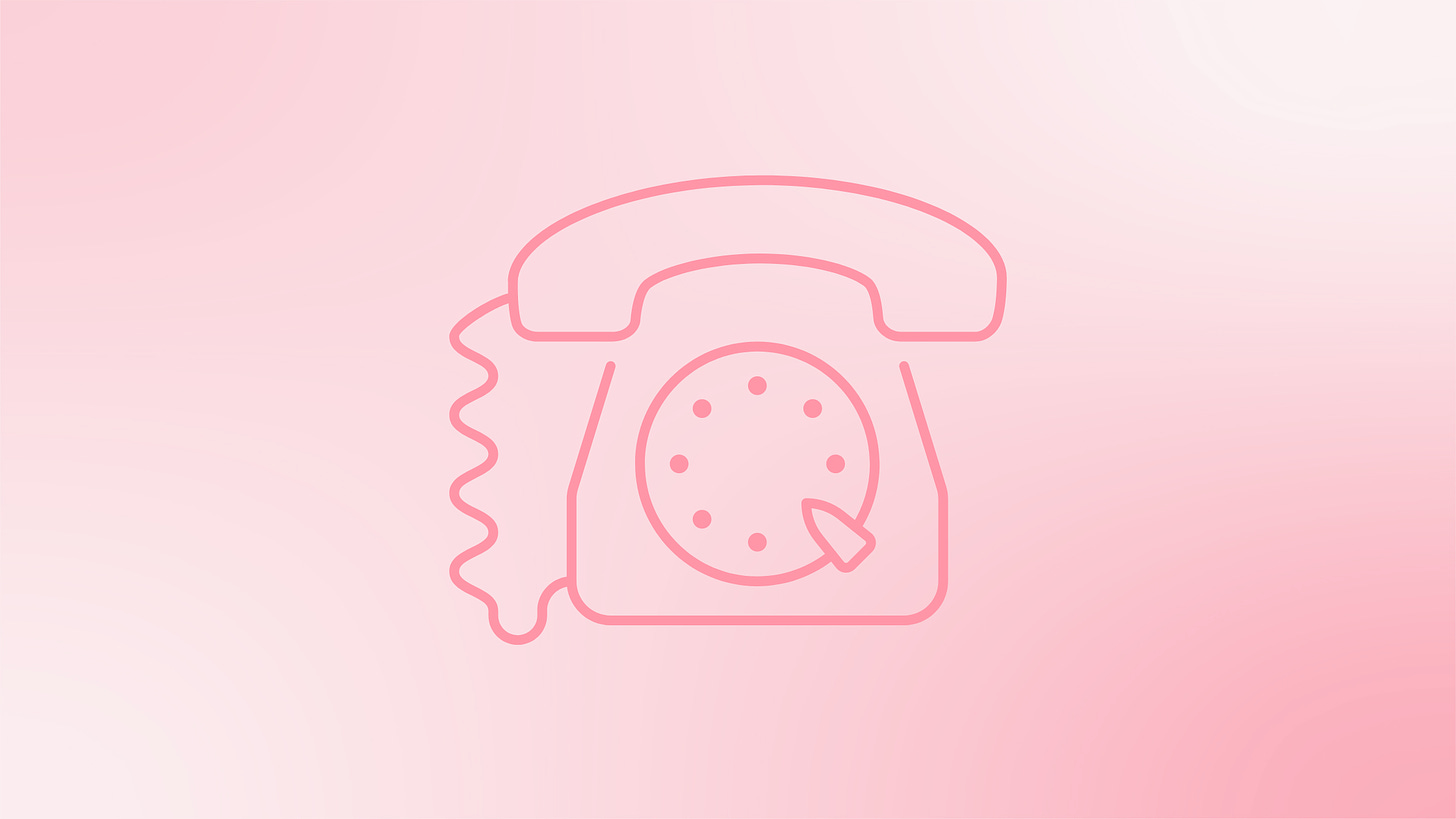 a graphic with a pink and white gradient background and a dark pink outline of a landline phone in the foreground