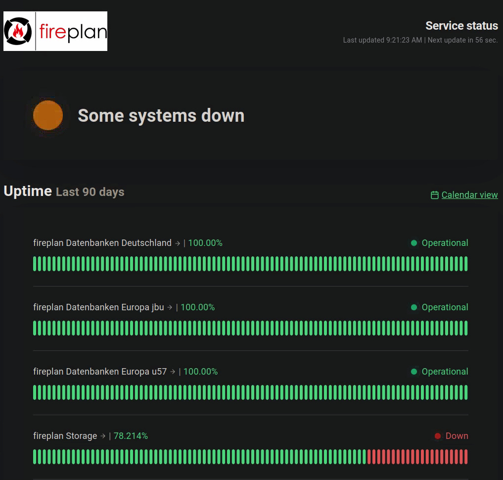 Fireplan status page showing the storage feature of their software being down since the day the public access was closed.