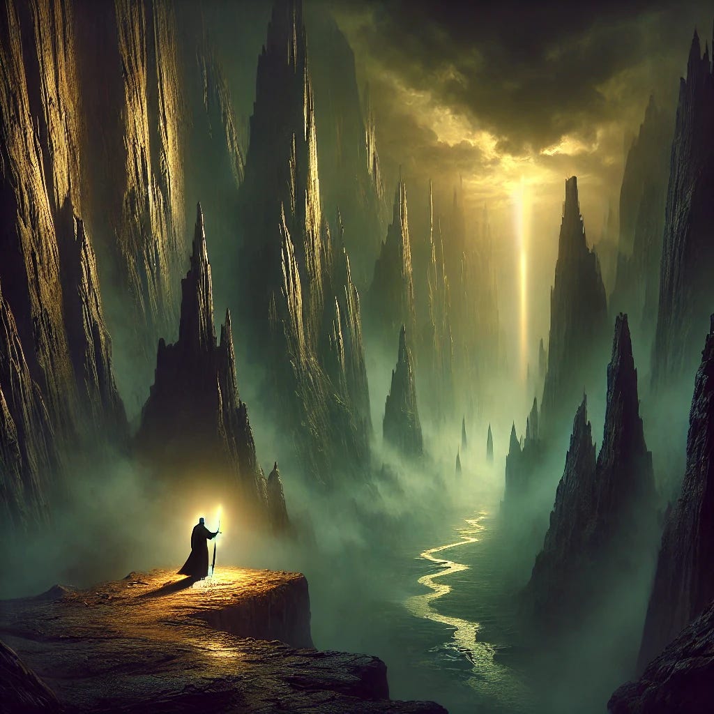 A dark, ominous landscape depicting 'the valley of the shadow of death,' with towering jagged cliffs shrouded in heavy mist and shadows. A single figure walks a narrow path, illuminated by a faint, divine light emanating from above. In the figure's hand is a rod and staff glowing softly, symbolizing comfort and divine guidance. The scene evokes a sense of foreboding yet assurance, blending darkness with the promise of protection. The setting is surreal and dramatic, with rich, contrasting light and shadow to emphasize the tension between fear and faith.