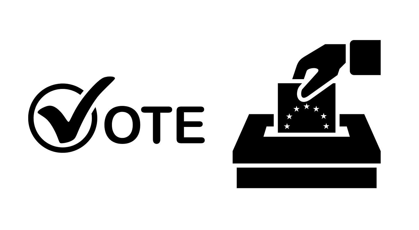 Word vote with a checkmark on the left and ballot box on the right.