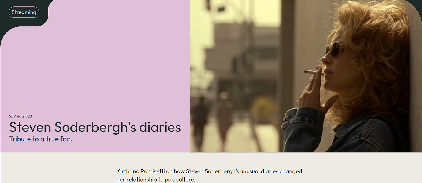 A screenshot of the Dirt article, "Steven Soderbergh's diaries"