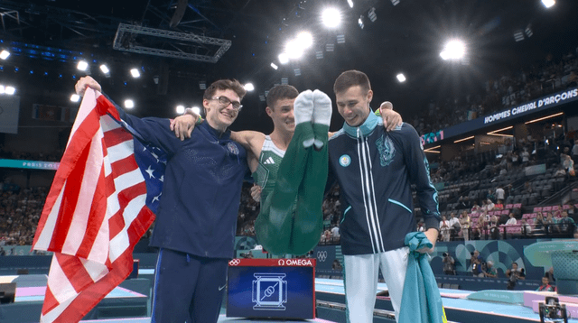 r/olympics - Men's Pommel Horse Medalists - Stephen Nedoroscik 🥉, Rhys McClenaghan 🥇, Nariman Kurbanov 🥈