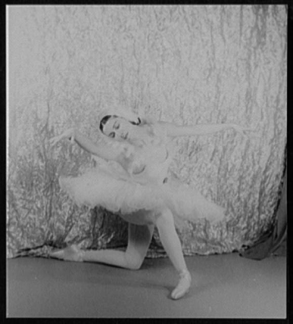 An old black and white photo of a very athletic and thin ballerina with one knee on the ground behind, the other bent in front and feet splayed in the typical stance of a professional ballet dancer. Her arms are splayed out around her and she is dressed in a white tulle ballet outfit with a crepe like curtain in the background.