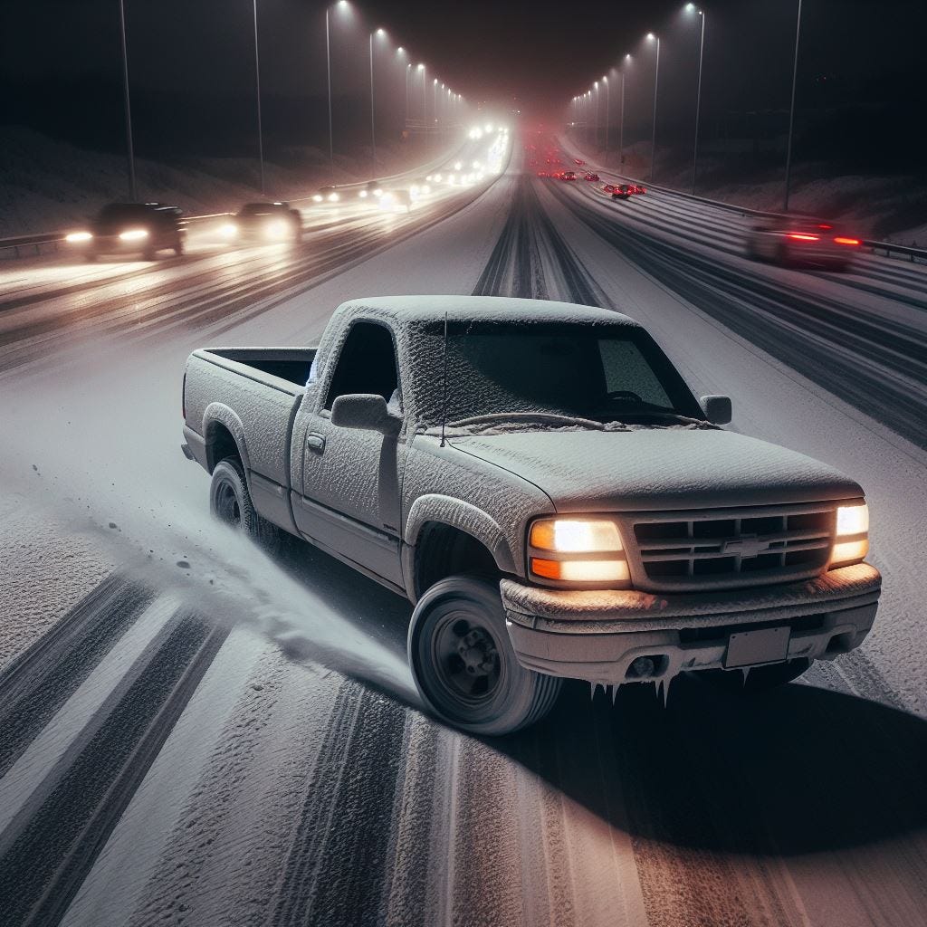 White pickup on icy road. Image by Bing.