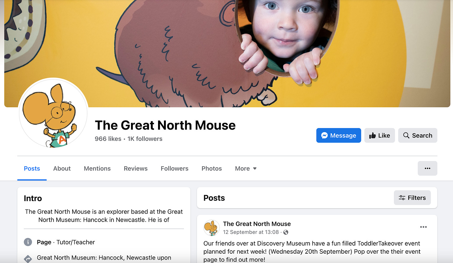 A screenshot of the Great North Mouse facebook page, for the Great North Museum
