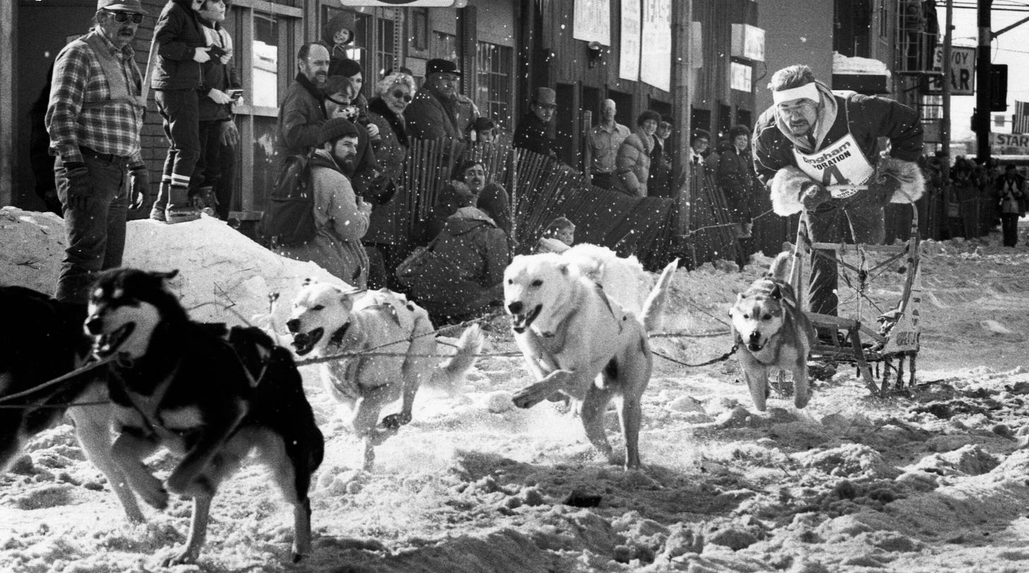 Dog musher, George Attla in Anchorage, Alaska's Fur Rendezvous Championship Sled Dog Race.