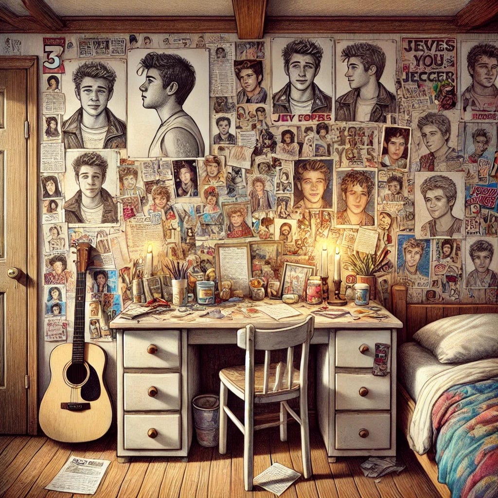 A detailed drawing of a shrine dedicated to a popular celebrity in a teenager's bedroom. The shrine is filled with posters, magazine cutouts, and photos of the celebrity, taped to the wall in a somewhat messy yet organized fashion. Below the wall, there is a small desk or dresser with candles, fan memorabilia, handwritten notes, and small trinkets. The room itself has a cozy, typical teenage vibe with items like a bed with colorful sheets, a guitar leaning against the wall, and scattered books. The lighting is soft, giving the scene a personal and nostalgic feeling.