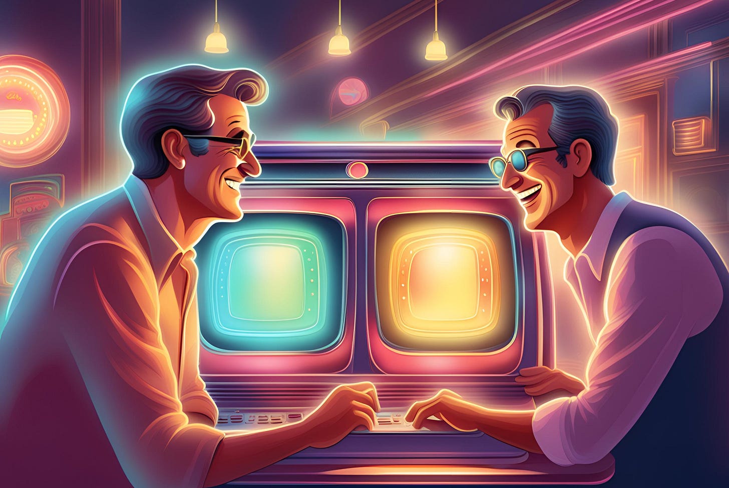 Illustration of two cheerful middle-age men looking at computer screens