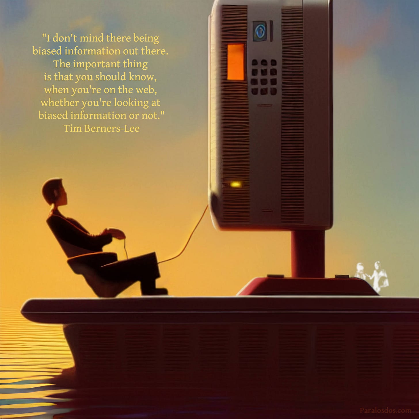 An artistic rendering of a figure leaning back in a chair on a raft. There is a cable running from the figure's hands to a huge computer screen/box that the figure is staring at. The quote reads: "I don't mind there being biased information out there. The important thing is that you should know, when you're on the web, whether you're looking at biased information or not." Tim Berners-Lee