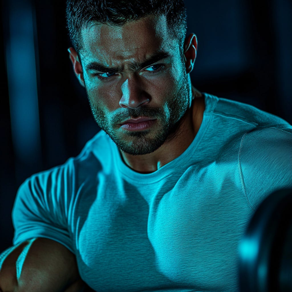 Strong male athlete wearing a light blue T-shirt is taking a break between sets. 