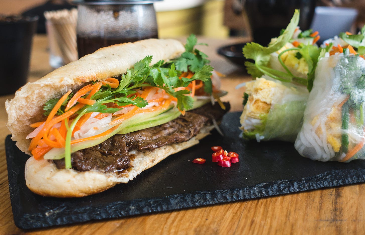 vegetarian mushroom banh mi with clear summer rolls