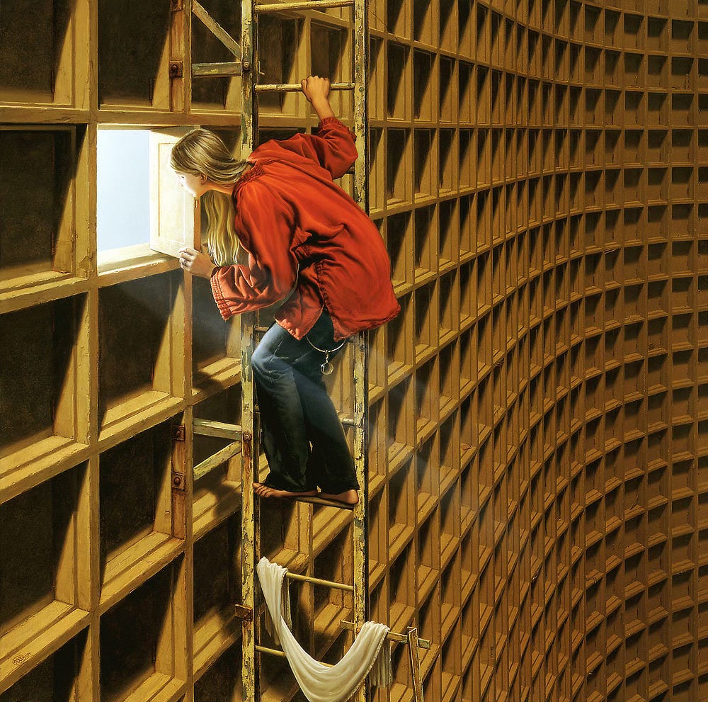 A young woman wearing an oversized red tunic and blue jeans stands barefoot on a ladder high up in an enormous chamber. Patterned with recessed panels, the wall gives the impression of a vast ancient library with no books on the shelves. The wall curves suggesting the space might possibly go on forever. As she props opens a panel and stoops to peer out, her straight blonde hair is swept to one side so we can see her face bathed in light. The light pouring in cuts a downward diagonal past a transparent sphere that dangles from a wide silver ring looped at her waist, although the top half of the ring is obscured by the drape of her shirt.