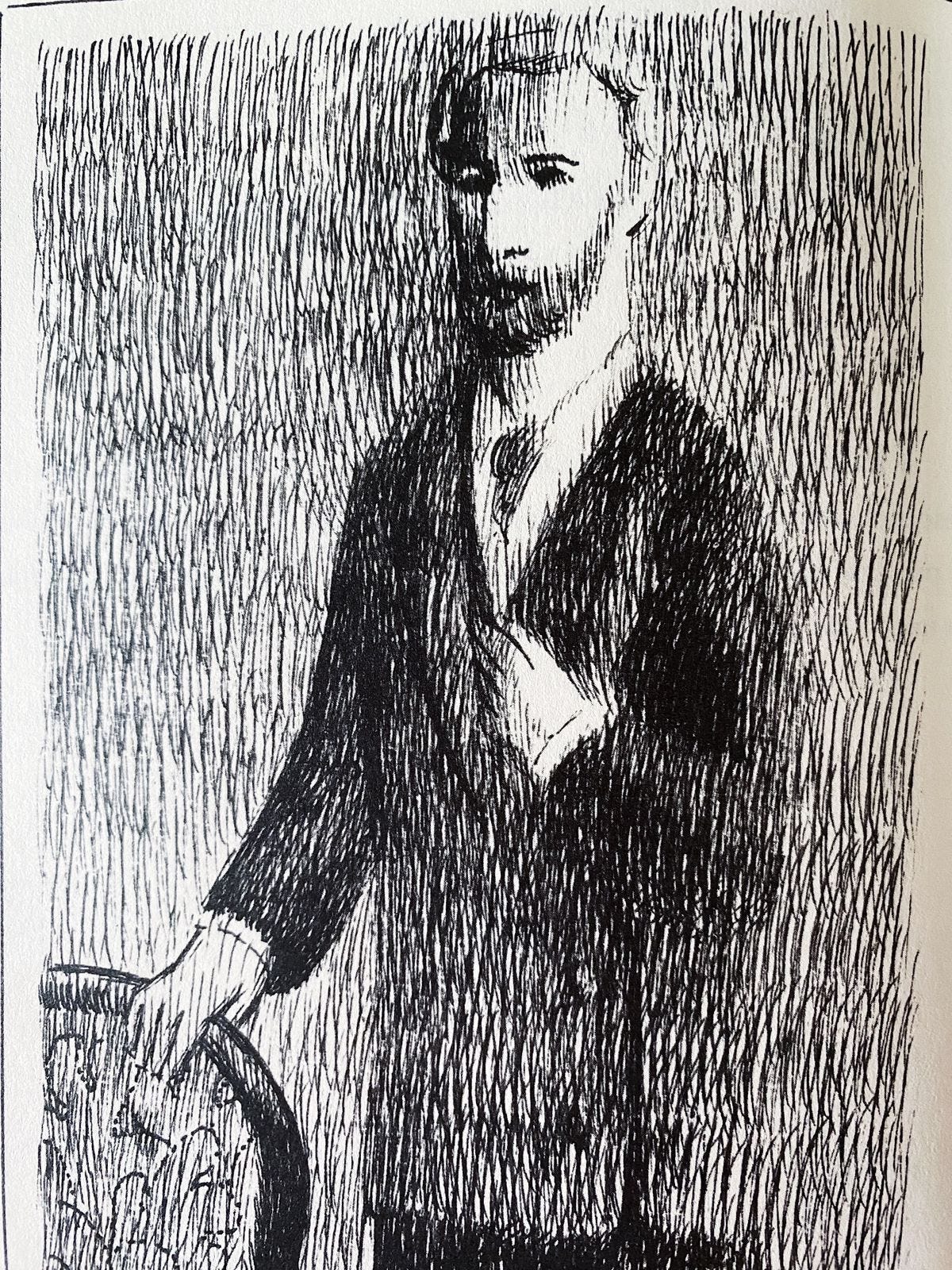 Ilustração hachurada em preto e branco de um homem posando para uma foto ao lado de uma cadeira. Ele usa barba e leva a mão esquerda ao peito, entrando no terno preto.