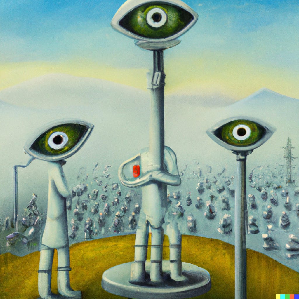 A surrealist painting of the surveillance state