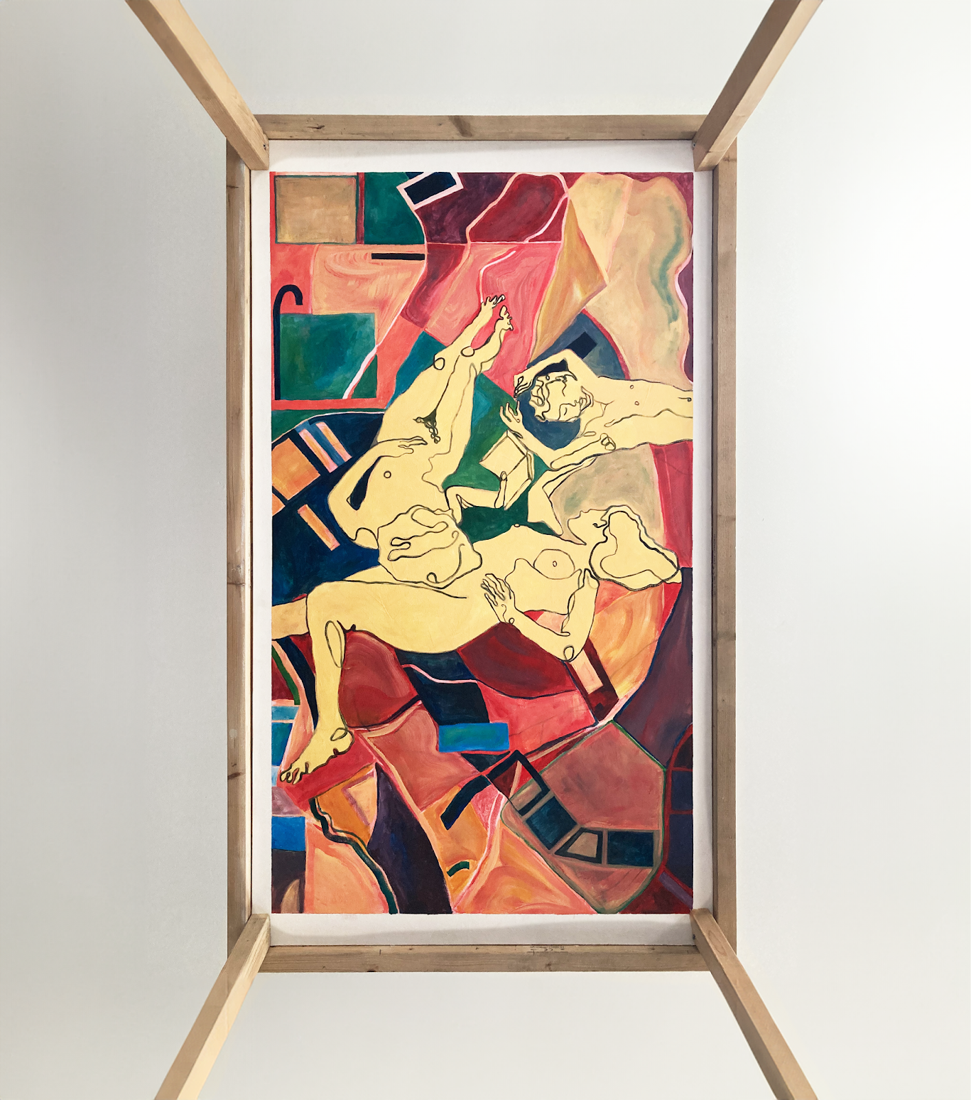 The painted ceiling of a four-poster wooden bed. The canvas shows three nude figures floating against an abstract background of red, green, yellow, and blue shapes.