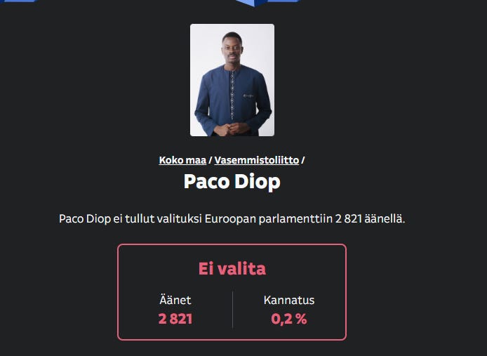 Edellisissä vuoden 2024 europarlamenttivaaleissa peräti 2 821 ihmistä äänesti Diopia, mikä kuulostaa aivan liian suurelta määrältä ihmisiä. Edellisissä vuoden 2024 europarlamenttivaaleissa peräti 2 821 ihmistä äänesti Diopia, mikä kuulostaa aivan liian suurelta määrältä ihmisiä.