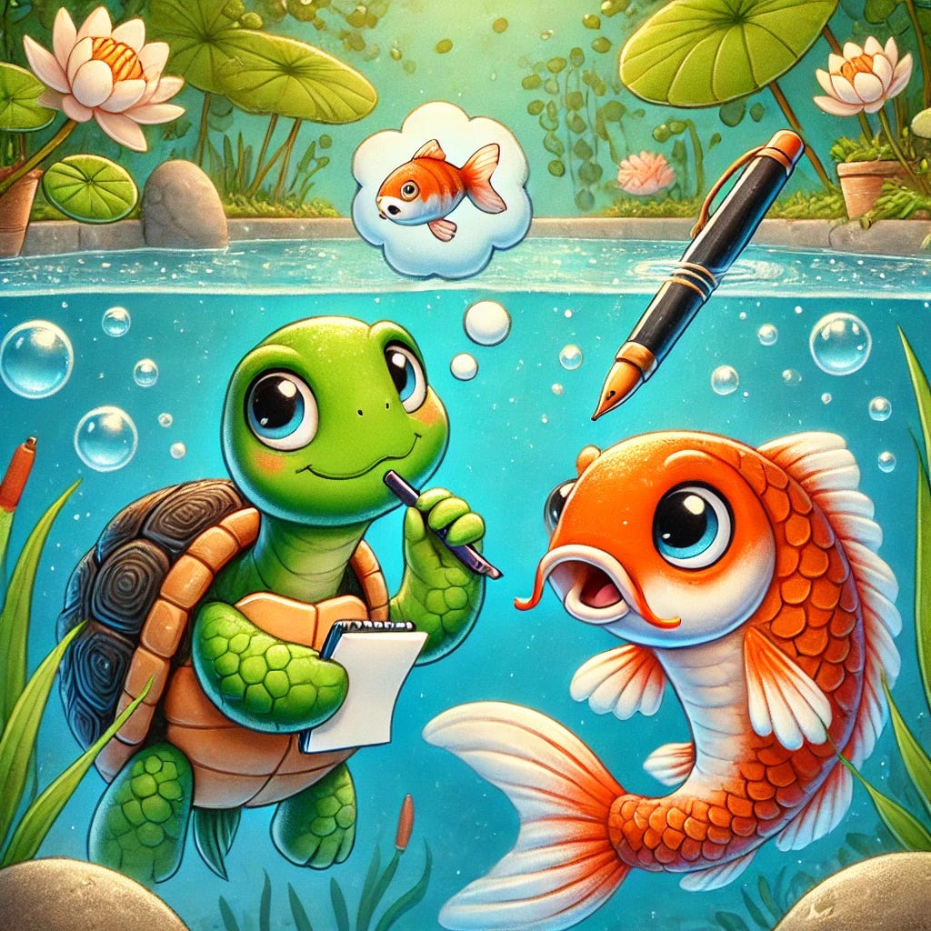 A playful cartoon-style illustration of a green turtle and an orange koi fish underwater in a koi pond, both holding pens and small pieces of paper, as if brainstorming ideas together. The turtle has a thoughtful expression, while the koi fish looks excited, with expressive fins and wide eyes. The underwater setting includes lily pads above, rocks, and plants in the background, with sunlight filtering through the water. Bubbles float around them, adding to the whimsical scene, perfect for a children’s illustration.