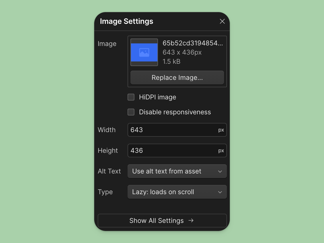 Declaring image size in the image settings panel
