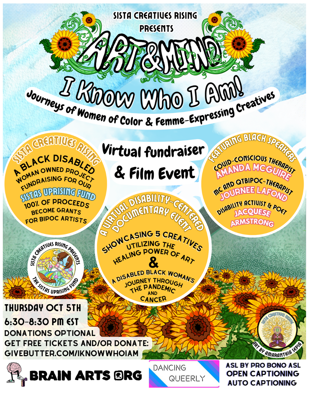 A flyer in a field of sunflowers with event info in a lot of text.