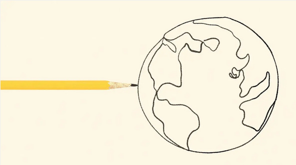 pencil pointing to pencil drawing of earth