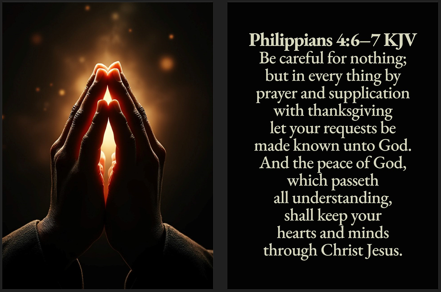 The image consists of two panels. The left panel shows two hands in a prayer position with a glowing light shining between them against a dark background. The right panel displays a Bible verse from Philippians 4:6-7 (KJV) in a serif font, encouraging prayer and trust in God for peace and understanding.