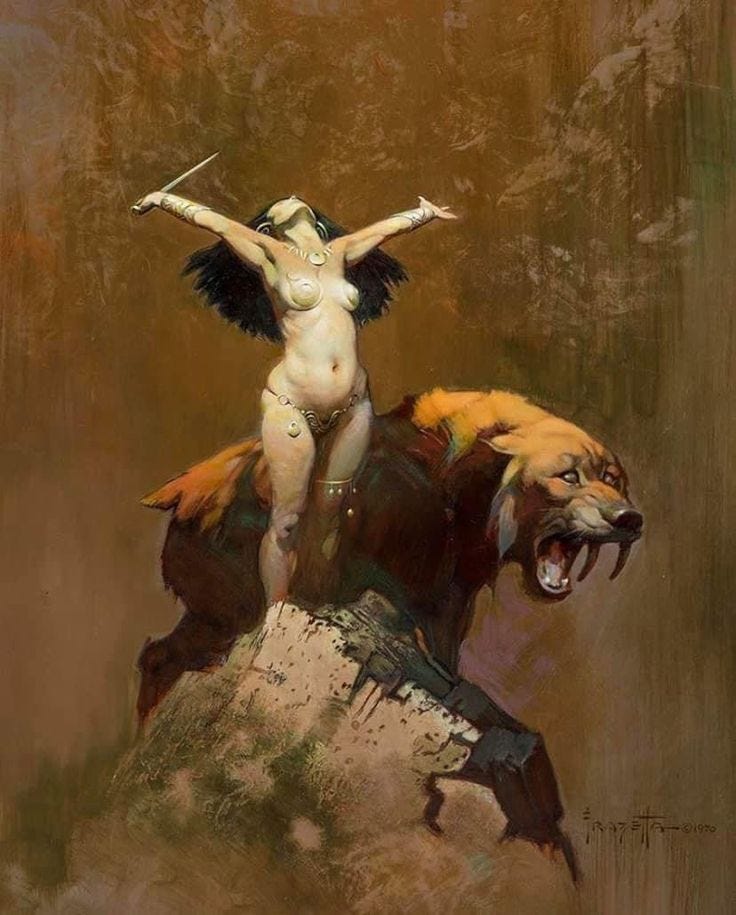 Frank Frazetta painting: A woman stands on a small rocky mound, she is mostly naked, with her head thrown back in joy, and a knife in her outstretched right hand. She is adorned with gold jewelry and small garments. A massive furry sabertooth cat stands beside her, mouth opened in a bellow.