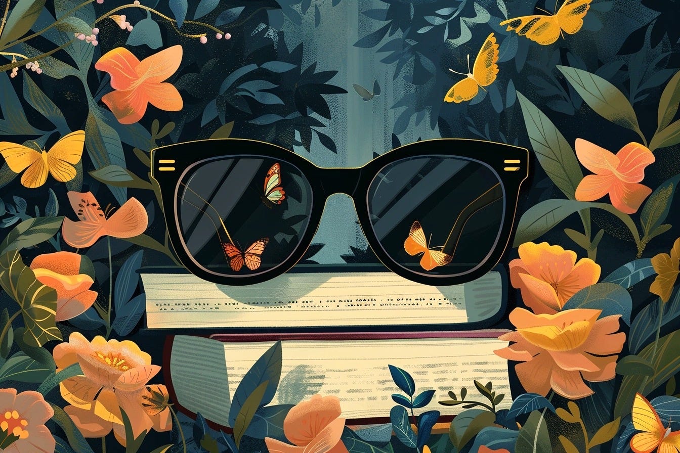 A computer generated illustration of a pair of sunglasses a top a stack of books surrounded by butterflies and flowers. It’s in cool autumn tones. 