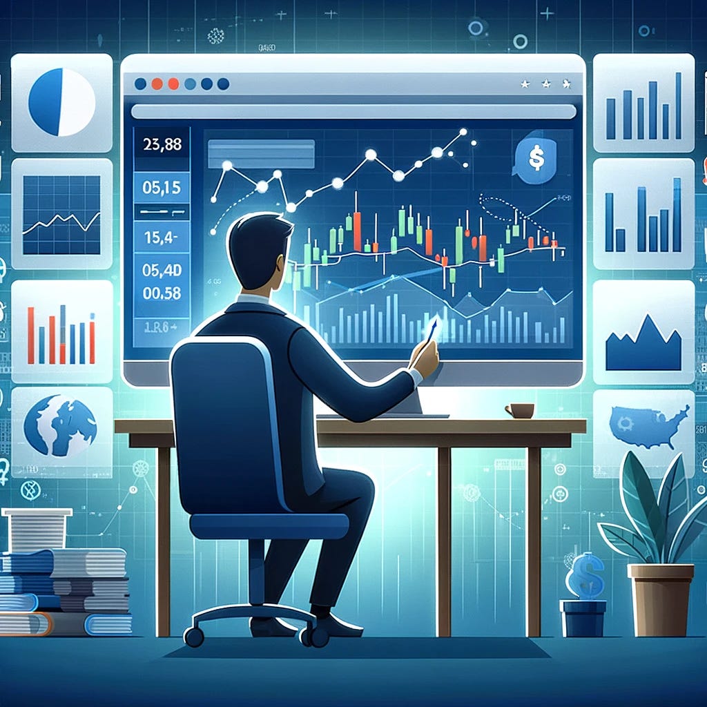 Illustration of an individual investor analyzing a diverse portfolio on a computer screen, surrounded by financial charts and market data, representing the process of evaluating investment options. The scene should convey a sense of focus and strategic thinking, with the investor deeply engaged in researching stocks, real estate, and other assets.