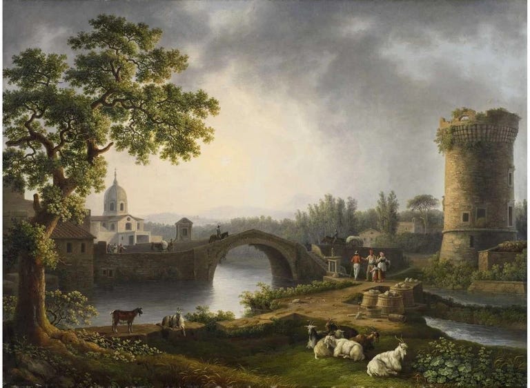 Painting of 1806 Scafati with dark wispy cloud in the foreground of the sky and a lighter sky in the background, farm animals and a tree in the foreground, people talking at one end of a arched stone bridge near the base of a tower, a man on a horse and others crossing the bridge, the buildings are painted in browns and grays, the church behind the bridge is very light making it the focal point of the painting