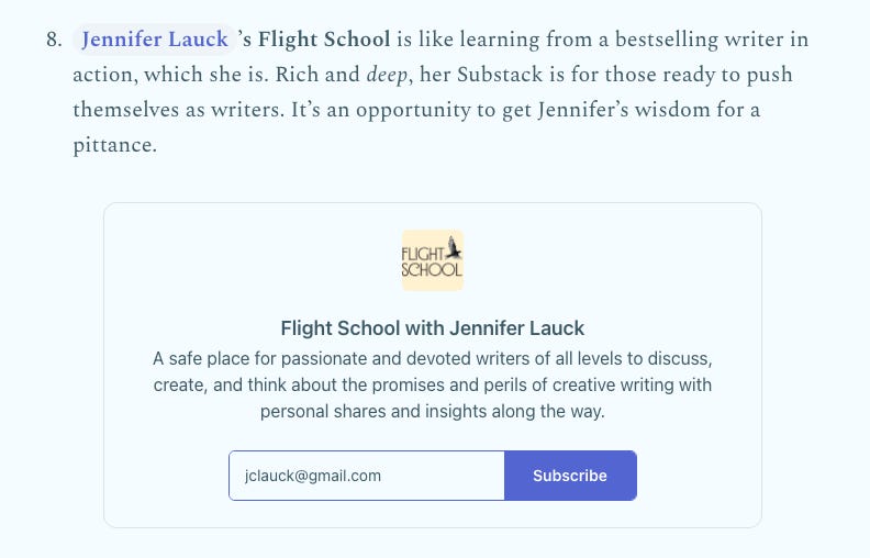 Image of a screen shot of the callout over at writeratwork listing Flight School as number eight of the best creative writing sites on Substack