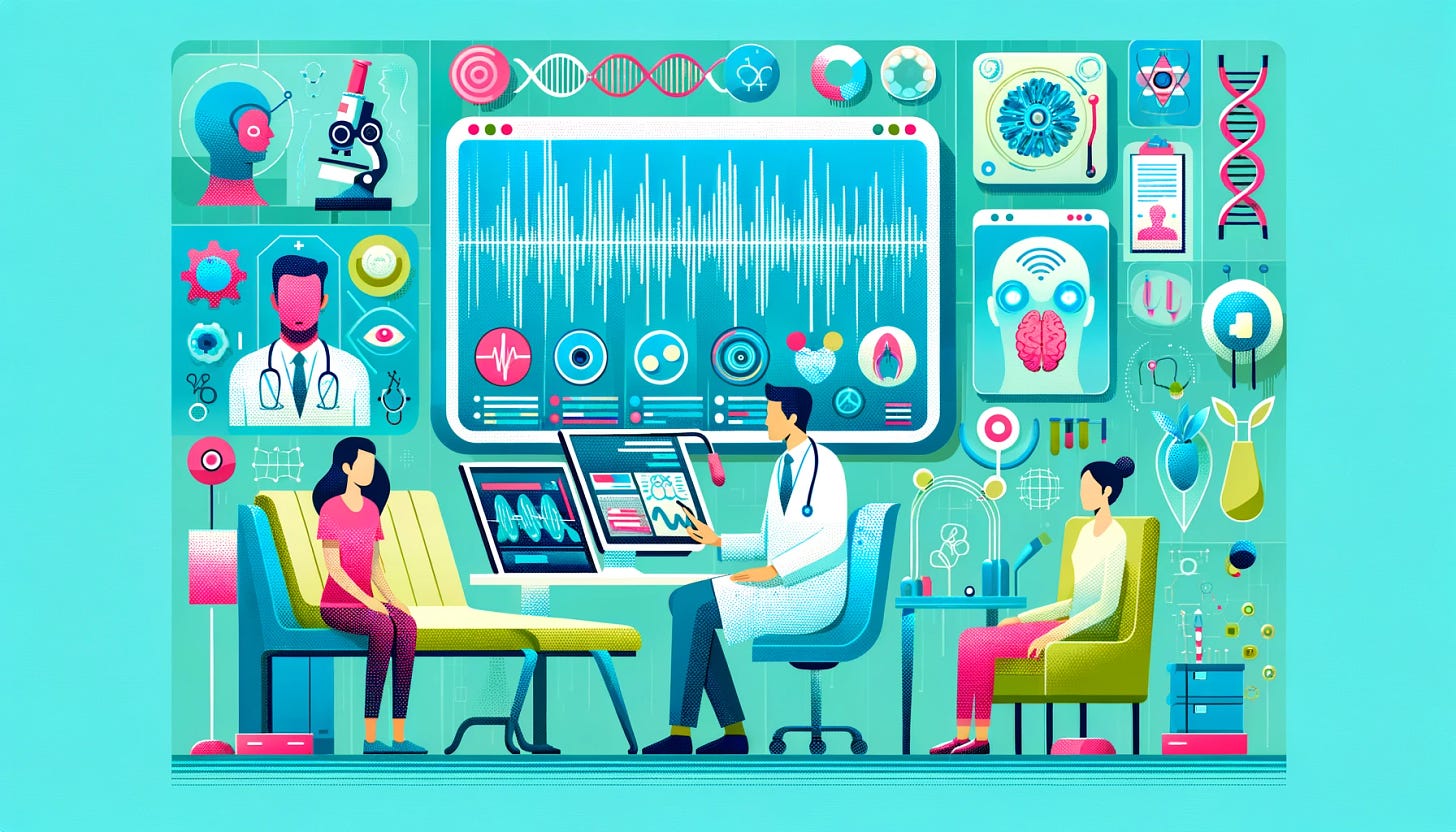 A modern, playful, and digitally styled vector art illustration showing a futuristic medical consultation room. In the center, a doctor and a patient interact with a large, interactive AI interface displaying multimodal data: text, audio waves, and visual imagery like facial expressions and medical scans. The background is a pastel teal with abstract shapes and symbols like DNA strands, microscopes, and neural networks, reflecting themes of advanced AI technology in medicine. The style is vibrant flat colors with minimal shading and symmetrical design, featuring subtle shadows to maintain the flat aesthetic.