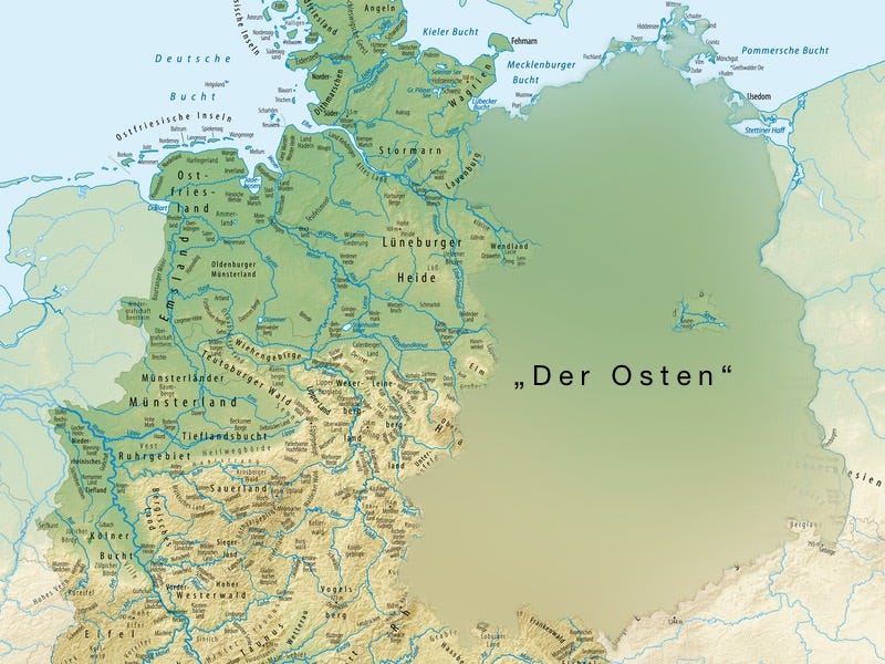 Deutschlandkarte mit vielen Details, außer im Osten