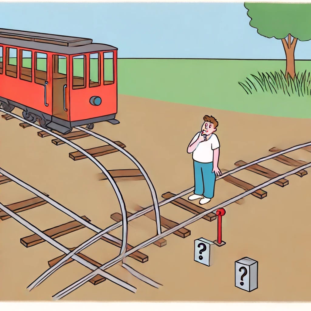 A cartoon illustration of the Trolley Problem with a twist: instead of bodies tied to the branches of the rail in front of the trolley, have no bodies tied to the rails at all. The scene features a trolley on tracks approaching a split where the tracks branch off in two directions. A person stands next to a lever that can switch the trolley's path. The background includes simple scenery with trees, bushes, and a clear sky. The overall style is light-hearted and humorous, with exaggerated expressions on the person's face as they ponder the decision, even though there are no stakes involved.