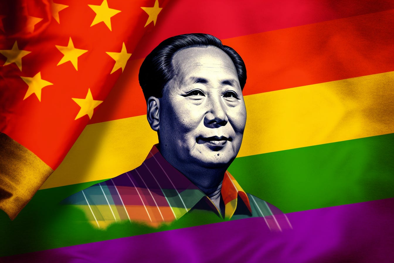 Composite image of the american flag, striped in rainbow colors with a portrait of Mao Zedong on it.