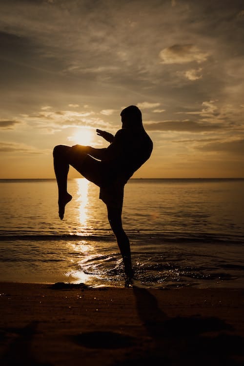 Free Silhouette of Man Practicing Kickboxing on the Seashore During Sunset Stock Photo